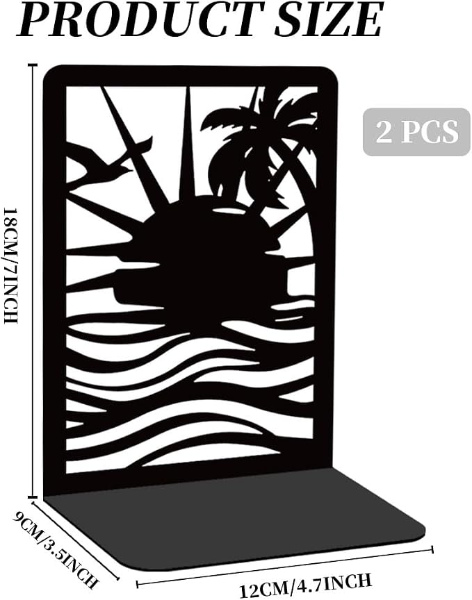 Sunrise Book Shelf Decorative Bookends for Shelves, Book Ends for Heavy Books, Black Beach Metal Bookends for Desk Organizer, Office Library Decor Decorative Books for Home Decor