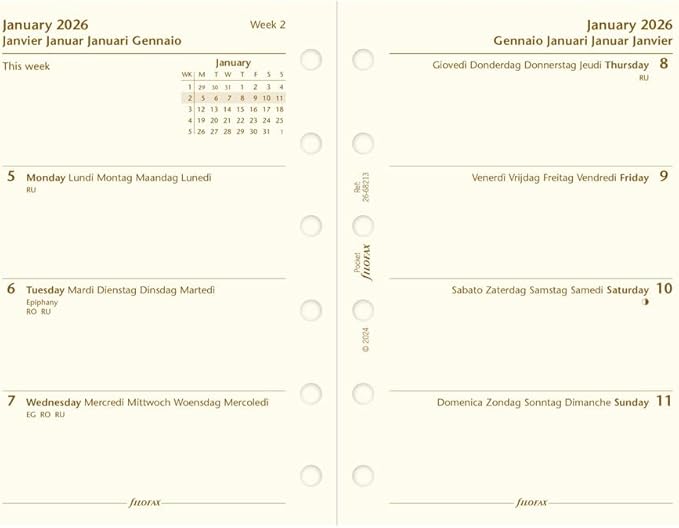 Filofax Calendar Diary Refill, Pocket Size, Week-to-View, Cotton Cream Paper, Unruled, Multilingual: Five Languages, 2026 (C68213-26)