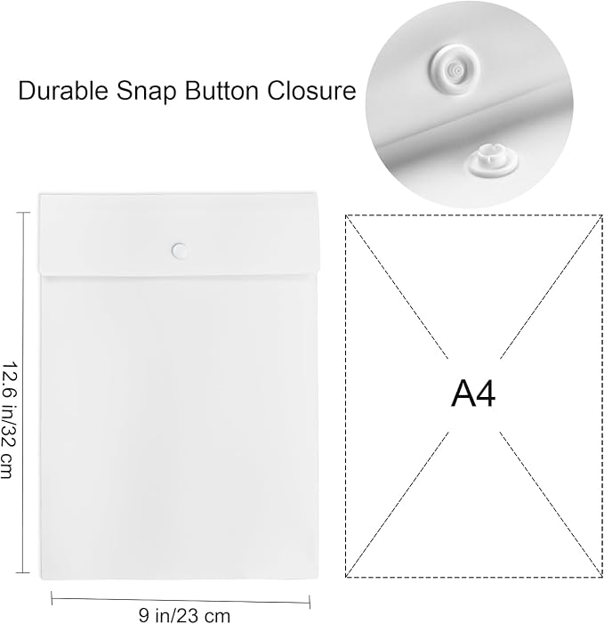 VANRA Vertical File Folders Poly Filing Envelope Plastic Project Folder with Snap Button Closure for A4 Letter Size Paper (Pack of 5, White)