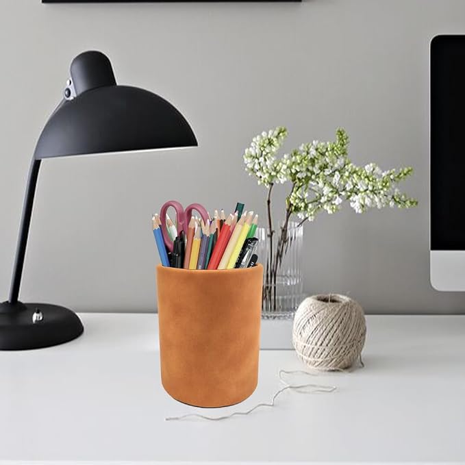 Leather Pen Holder, Light Brown Pencil Holder, Desktop Elegant Pen Holder for Desk, Stationery Organizer for School Office Home Dorm