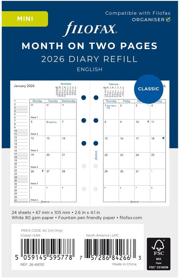 Filofax Calendar Diary Refill, Mini Size, Month-to-View, White Paper, English, 2026 (C68110-26)