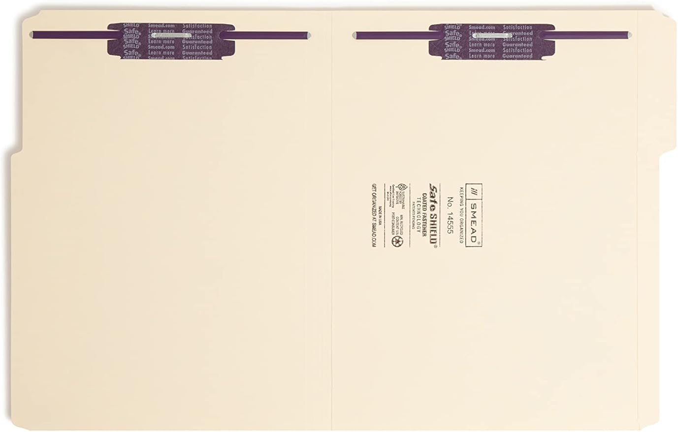 Smead Fastener File Folder with SafeSHIELD® Fasteners, 2 Fasteners, Reinforced 1/3-Cut Tab, Letter Size, Manila, 50 per Box (14555)