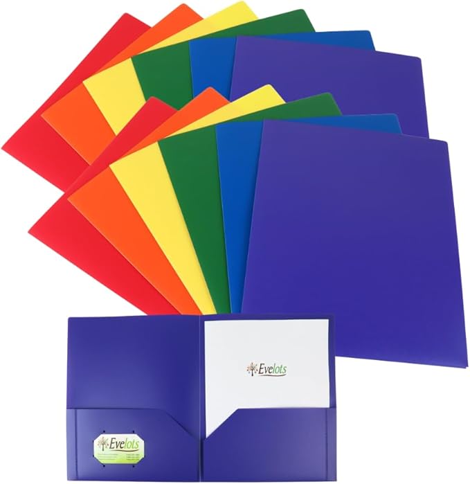 Evelots 2 Pocket Folders-12 Pack - Double Pocket Durable Plastic Folder - Letter Size - Business Card Slot - Flexible - Office, School, Home - 6 Color