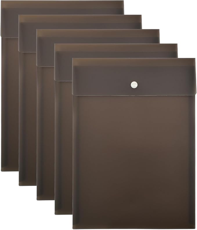 VANRA Vertical File Folders Poly Filing Envelope Plastic Project Folder with Snap Button Closure for A4 Letter Size Paper (Pack of 5, Brown)