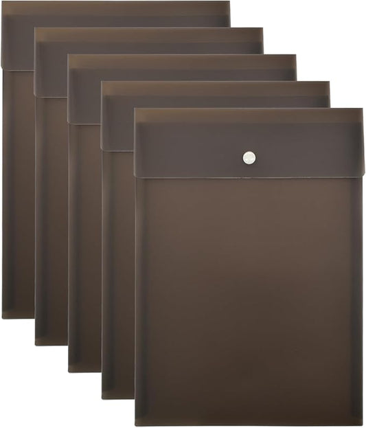 VANRA Vertical File Folders Poly Filing Envelope Plastic Project Folder with Snap Button Closure for A4 Letter Size Paper (Pack of 5, Brown)