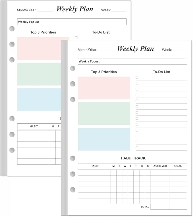 (2-Pack) Weekly Planner Refills for A5 Binders - 106 Sheets/212 Pages Undated Colorful Weekly Planner, 6-Hole Punched, 100 gsm White Paper, Lasts 1 Year, Undated, 5.8" x 8.3"
