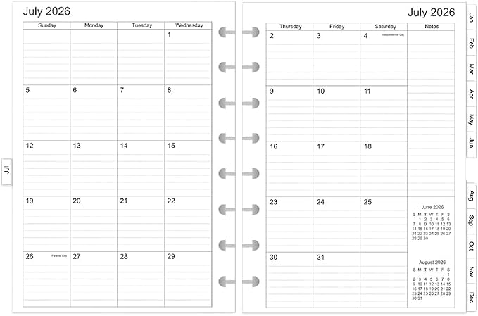 2026-2027 Monthly Planner Refills, Two Pages Per Month,Jan 2026 to Dec 2026, A5 Size,5.8" x 8.25",8-Discbound，2026-2027 Monthly Planner Inserts