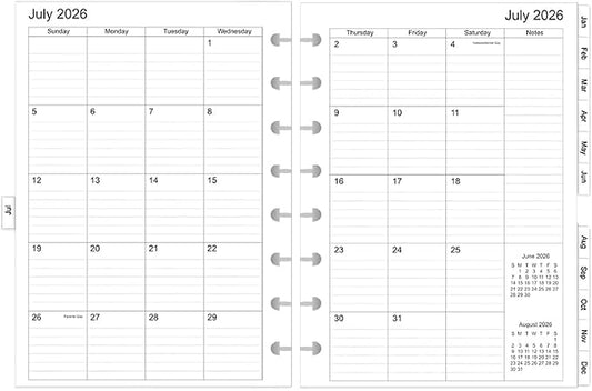 2026-2027 Monthly Planner Refills, Two Pages Per Month,Jan 2026 to Dec 2026, A5 Size,5.8" x 8.25",8-Discbound，2026-2027 Monthly Planner Inserts