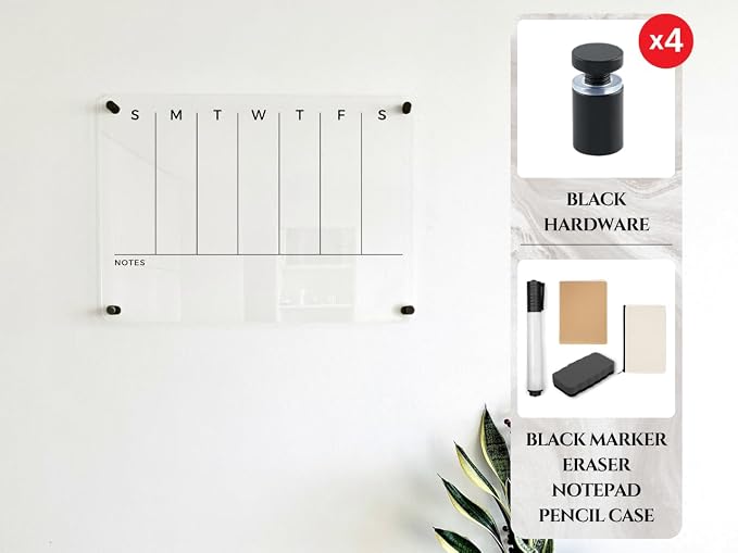 Weekly Acrylic Dry Erase Wall Calendar - To Do List & Goals Planner, Reusable Family Organizer, Office Schedule, Housewarming Gift (Black Standoff, 18"x14")