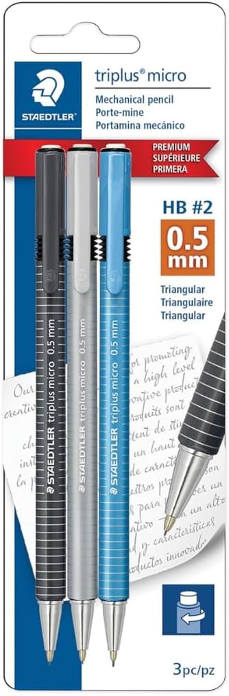 STAEDTLER Triplus Micro Mechanical Pencils 12 Pack (12 sets of 3 pcs) (#2) 0.5mm lead, Retractable with Twist Eraser, Ergonomic Triangular Grip for Writing, Drawing & Drafting, 36 Count