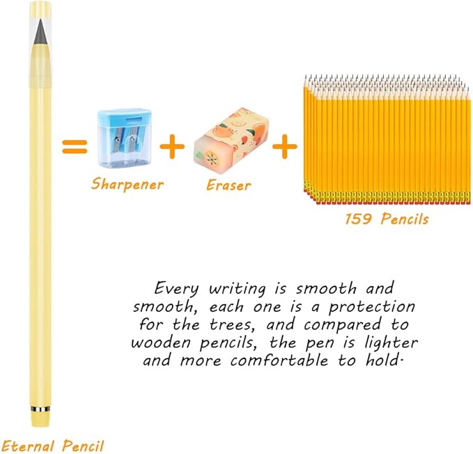 OFFCUP Infinity Pencil, 10PCS Inkless Pencils Forever Pencil with Eraser, Including 10 Replaceable Nibs, 20 Erasers Reusable Everlasting pencil Magic Pencils for Writing Art Sketch Painting Tool