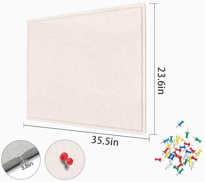 Bulletin Board, 36 X 24 inches Cork Board with 20 Pushpin, Felt Cork Board Notice Pin Board, Self-Adhesive Vision Board Mood Board Foldable Photo Board for Wall - Oatmeal