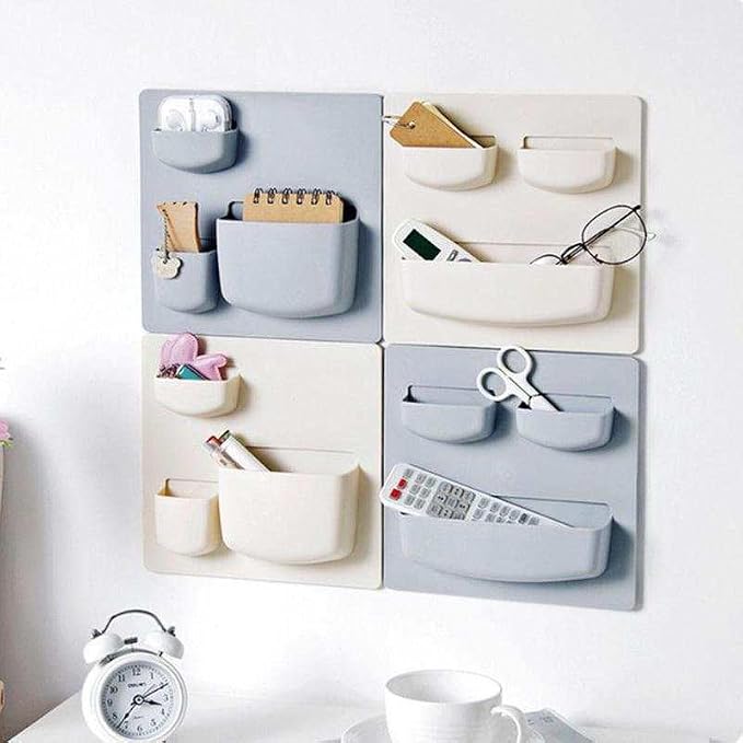 Modern Grey Wall Desk Organizer - 2 Parts, 6 Organizer Pockets, and Adhesive Holder Shelves for Easy Storage of Small Things at Home or Office. Wall Organizer Easy to Install in Ligth Grey to Decor