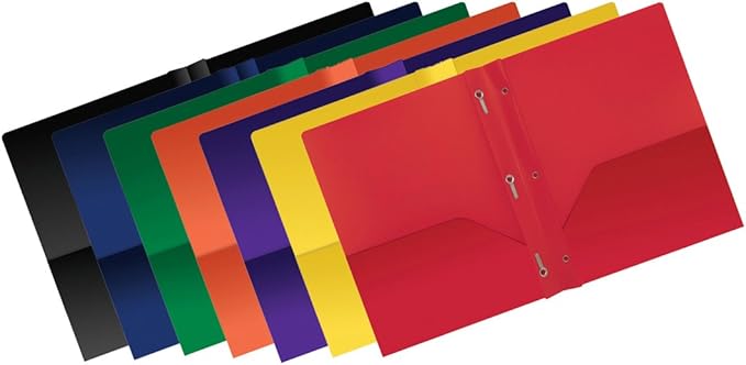 Better Office Products Poly 2 Pocket Folders with Prongs, Heavyweight, 6 Pieces, Assorted Primary Colors, Letter Size
