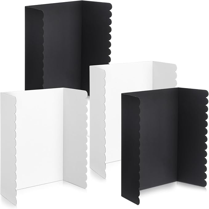 Mooliwe 4 Pack 24" x 16" Trifold Poster Board, Medium Tri Fold Board Foldable Corrugated Presentation Display Scalloped Borders for Science Fair, School Project, Graduation Photo Display(Black White)