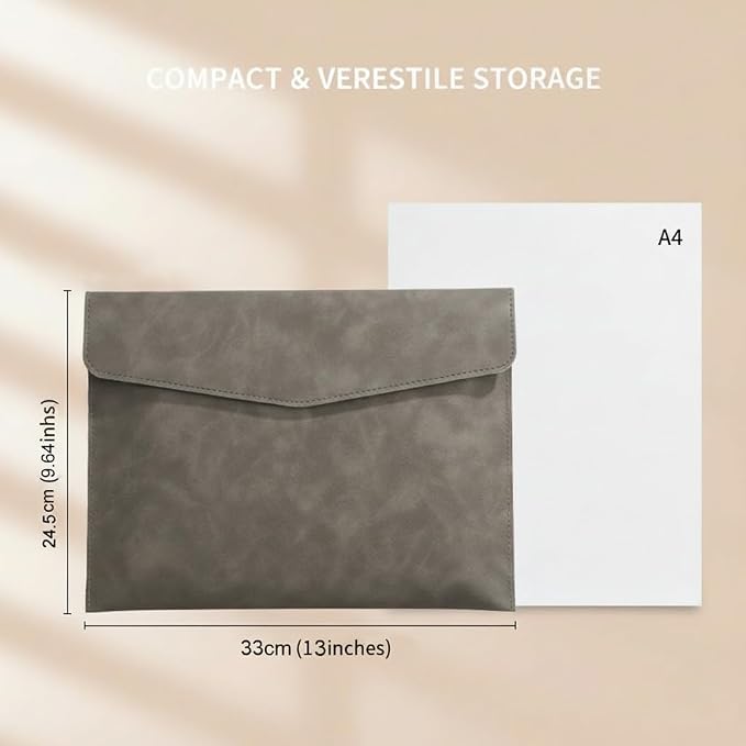 Leather Document Pouch A4 File Folder - Square Flap Document Holde Reusable Filling Envelopes - Thickened Snap-Closure Waterproof Business Organizer (1 Pc – Grey)