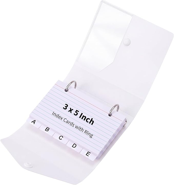 3x5 Inch Index Card Binder, Index Cards with Ring and Dividers - 100 Lined Page Index Card Organizer Case with Snap Closure for Study, Recipe Cards, Office Use (Clear)