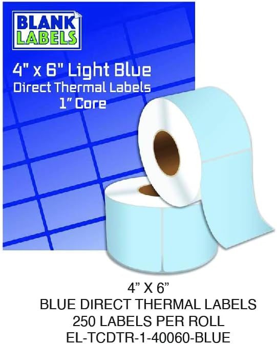 4" X 6" Direct Thermal Shipping Labels | Blue | 1" Cores w/Perfs Easy Tear | Made in USA | Printing Label | 1000 Labels | 250 Labels per Roll | 4 Rolls | Blank Labels