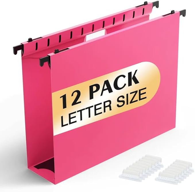 Shutex Extra Capacity Plastic Hanging File Folders,12 Pack Reinforced Hang Folders,Heavy Duty 2 Inch Expansion,Plastic Filing Cabinet Folders,Letter Size,Designed for Bulk Files, Medical Charts,Pink