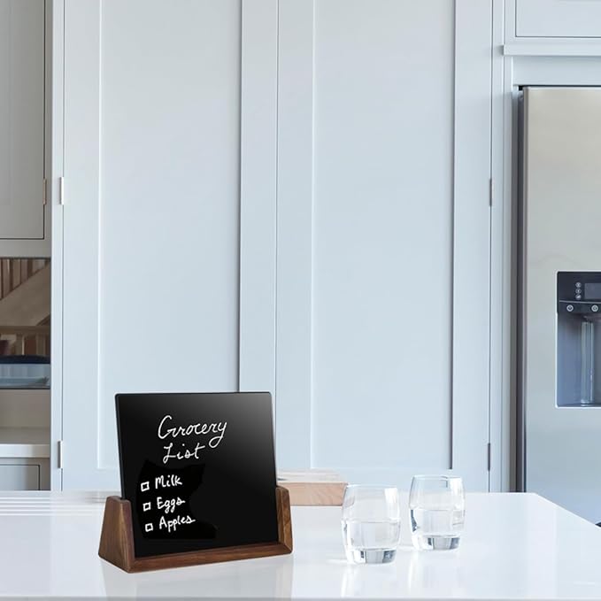 Desktop Glass Whiteboard with Walnut Wood Base,Small Dry Erase Board, Black Writing Note Pad, Desk White Board,Glassboard for Tabletop Display(Walnut Base,Glass)