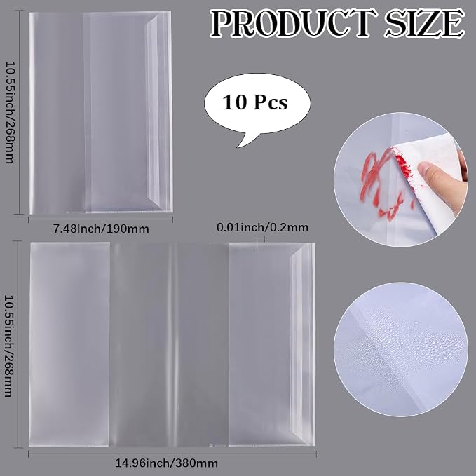 GORGECRAFT 10Pcs Transparent Book Sleeve 10.5 x 7.5 Inch Adjustable Waterproof Plastic Clear Page Protector with Self-Adhesive Closure for Textbook Paperbacks Journal Diary Office