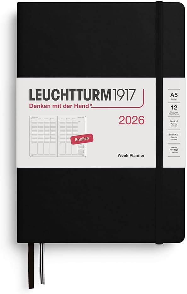 LEUCHTTURM1917 - Week Planner 2026, Hardcover, Medium (A5), Black (Jan 1 - Dec 31, 2026)