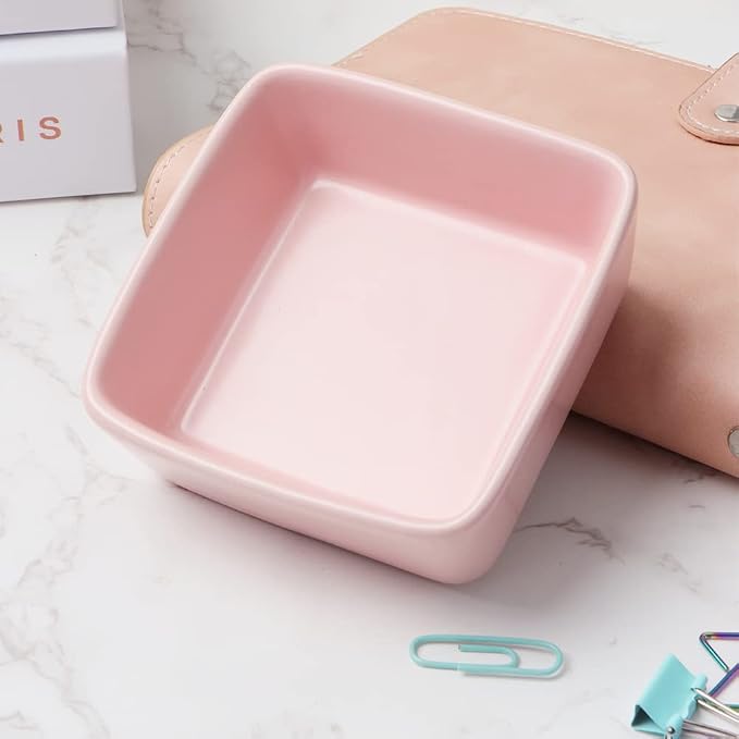 AxeWoodz Pink Paper Clips Holder 2pcs Ceramic Square Round Shape Paper Clip Dispenser Set Paperclip Holders Office School Home Desk Organizers for Daily Desktop Cute Accessories Storage Plate (Pink)