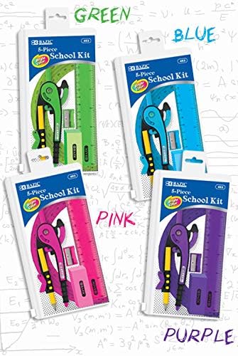 BAZIC Products Math Geometry Set 5 Pieces Protractor, Compass, Sharpener, Wood Pencil, Eraser, Storage Zipper Pouch, Drafting Drawing Tool, 144-Packs