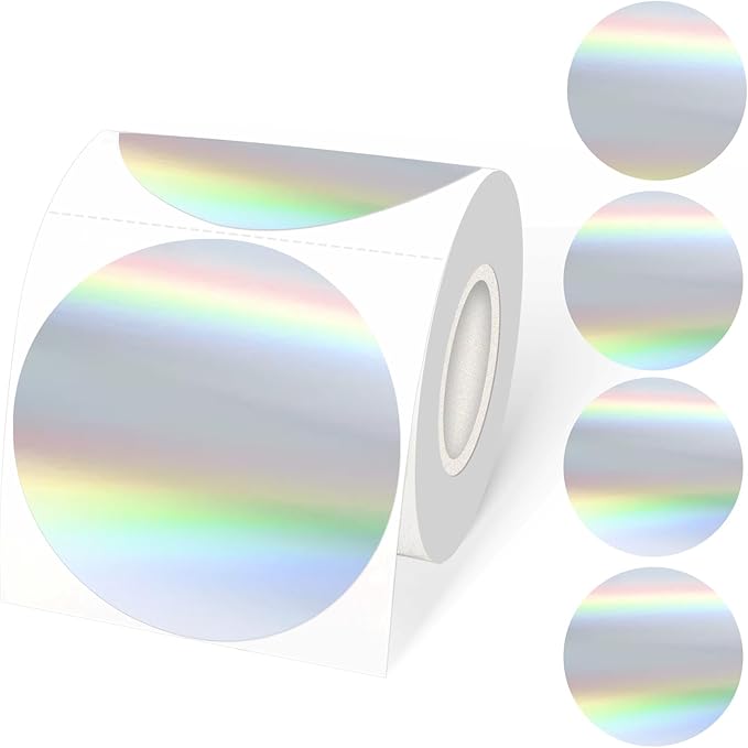 STARLIBOO 3 Inch Holographic Labels, Circle Direct Thermal Labels Stickers, Self-Adhesive Round Printer Labels for DIY Logo Design (Holographic Silver)
