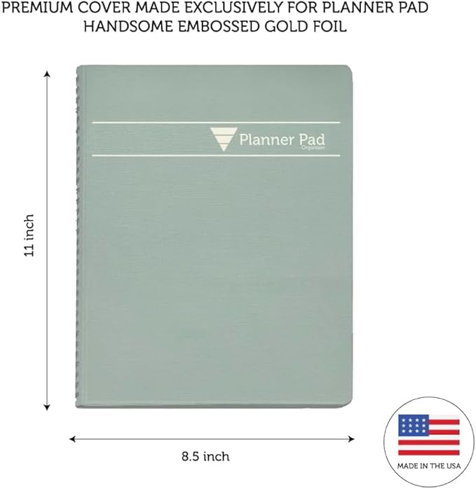 Planner Pad Spiral Bound July 2026 – June 2027 / Academic Year 8 1/2" x 11" 3-Tier Funnel Down 12 Month Large Size Organizer, Greenish Grey Cover/Soft Green Ink