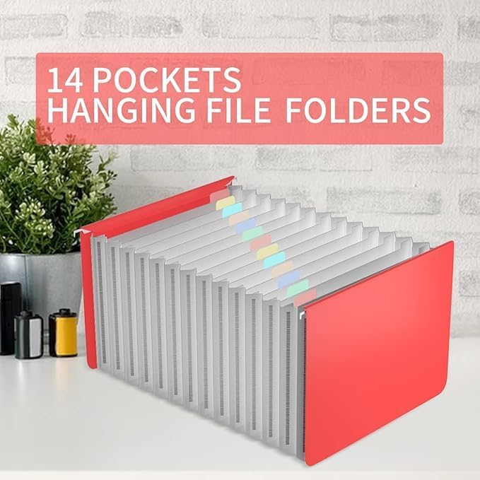 TOPCJ Plastic Expanding Hanging File Folders,12 Expandable Pockets,Multi Color Tabs,Hanging Folders for Filing Cabinet Letter Size,Office Supplies Manilla File Folders 8.5 X 11,Red