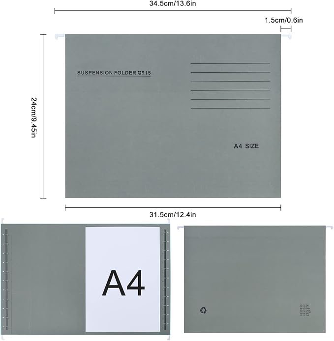 A4 Hanging File Folders, 25 Pcs Recycled Card File Folders for Filing Cabinet with Tabs and Card Inserts, Hanging Files Storage Folders for Office and School, Gray