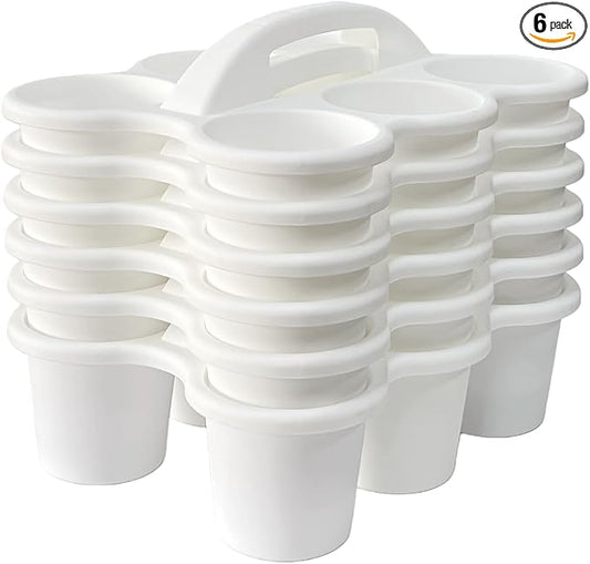 RAUVOLFIA 6 Pack Classroom Caddy Storage Basket with Handle, Plastic Drink Cup Caddy Holder, 6 Compartments for Kids, Table, Office, Arts, Crafts, Crayon, Marker, Pencil, School Supplies (White)