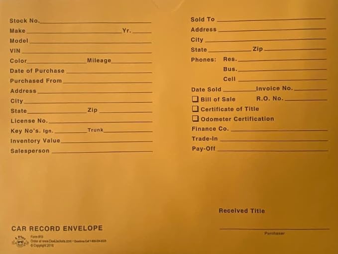 A Plus Car Record Envelope #19 Vehicle Dealer Jackets, 100 Quantity, Gold (W17)