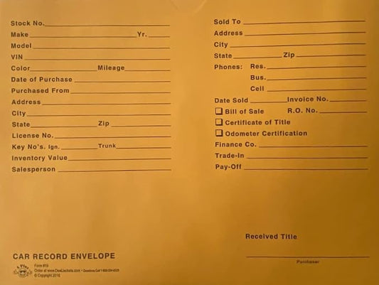 A Plus Car Record Envelope #19 Vehicle Dealer Jackets, 100 Quantity, Gold (W17)