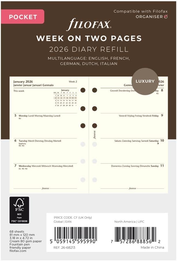 Filofax Calendar Diary Refill, Pocket Size, Week-to-View, Cotton Cream Paper, Unruled, Multilingual: Five Languages, 2026 (C68213-26)