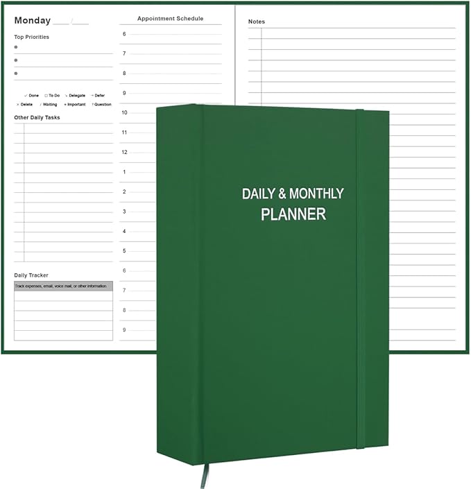 Daily & Monthly Planner for 2026 or Anytime - ADHD Planner Two Pages Per Day, Daily Planner Undated to Increase Focus, Eliminate Overwhelm, Achieve Your Biggest Goals, 5.8'' × 8.3'', Green