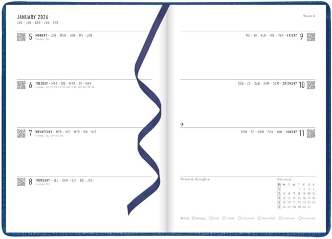Letts of London® 2026 Milano Weekly/Monthly Planner, 12 Months, January to December, A5 Size, 8.25" x 5.875", Sewn Binding, Textured Cover, Multilingual, Blue (C080570-26)