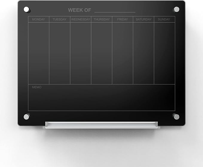 Audio-Visual Direct Magnetic Black 7 Day Calendar Glass Dry-Erase Board Set - 2' x 1.5' - for Wall - Weekly Planner