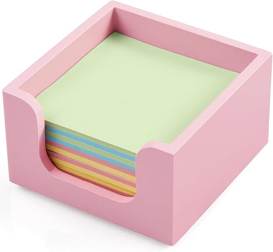 Bivvclaz Wood Sticky Note Holder, 3 x 3 Inch Post It Note Dispenser for Office Desk Accessories, Self Stick Note Pad Holder, Memo Pad Holder Dispenser Organizer for School Office Desk Supplies, Pink