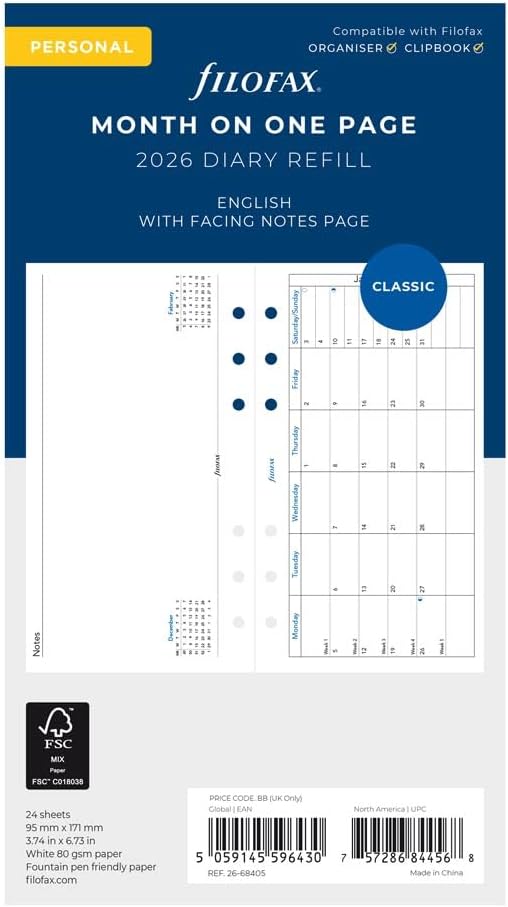 Filofax Calendar Diary Refill, Personal/Compact Size, Month on One Page with Notes, Horizontal, White Paper, English, 2026 (C68405-26)