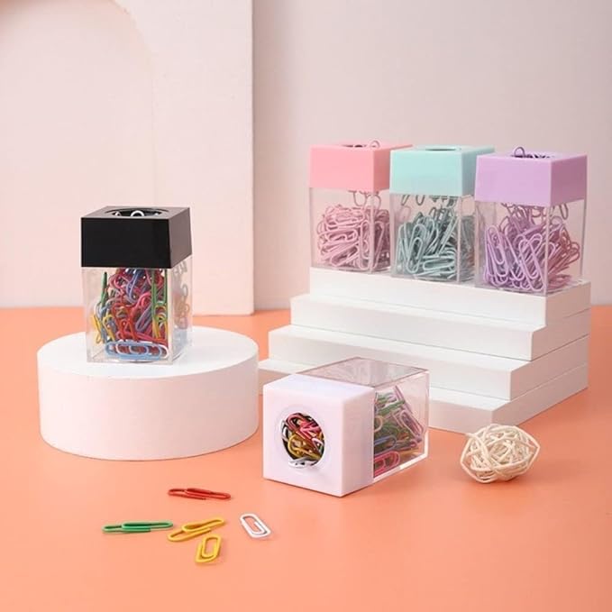 Paper Clip Dispenser Holder,Desk Organizer with Magnetic Top for Office and School Multi-Use Clips and Binder Clips Holder Portable Square Desktop Paper Clip Storage Box Office Supplies（Pink ）