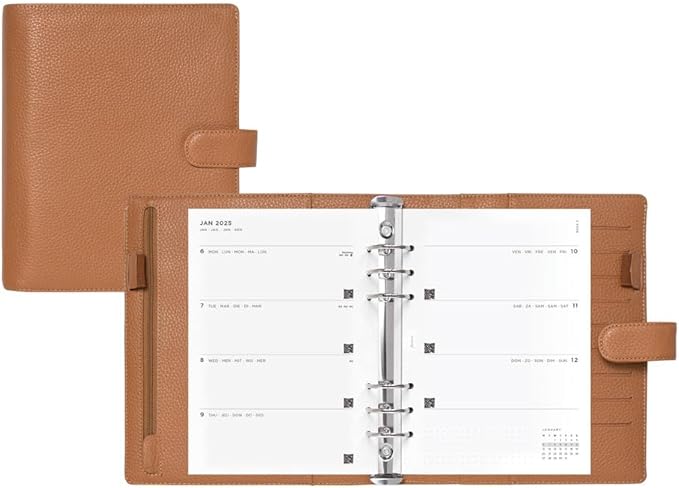 Filofax Norfolk Organizer, A5 Size, Almond - Soft, Full-Grain Leather, Six Rings, Week-to-View Calendar Diary, Multilingual, 2025 (C022634-25)