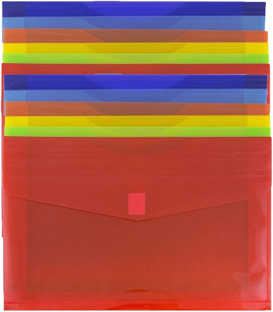 JAM PAPER Plastic Expansion Envelopes with Hook & Loop Closure - Letter Booklet - 9 3/4 x 13 with 2 Inch Expansion - Assorted Colors - 12/Pack