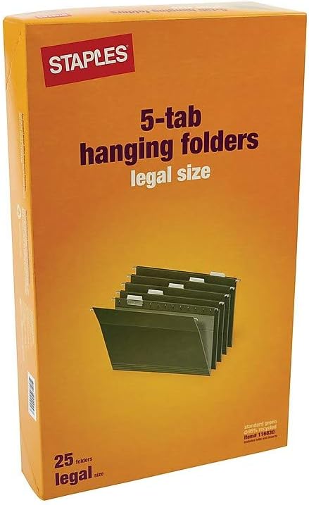 Staples Hanging File Folders, Legal Size, 5‑Tab, Standard Green – 25/Box