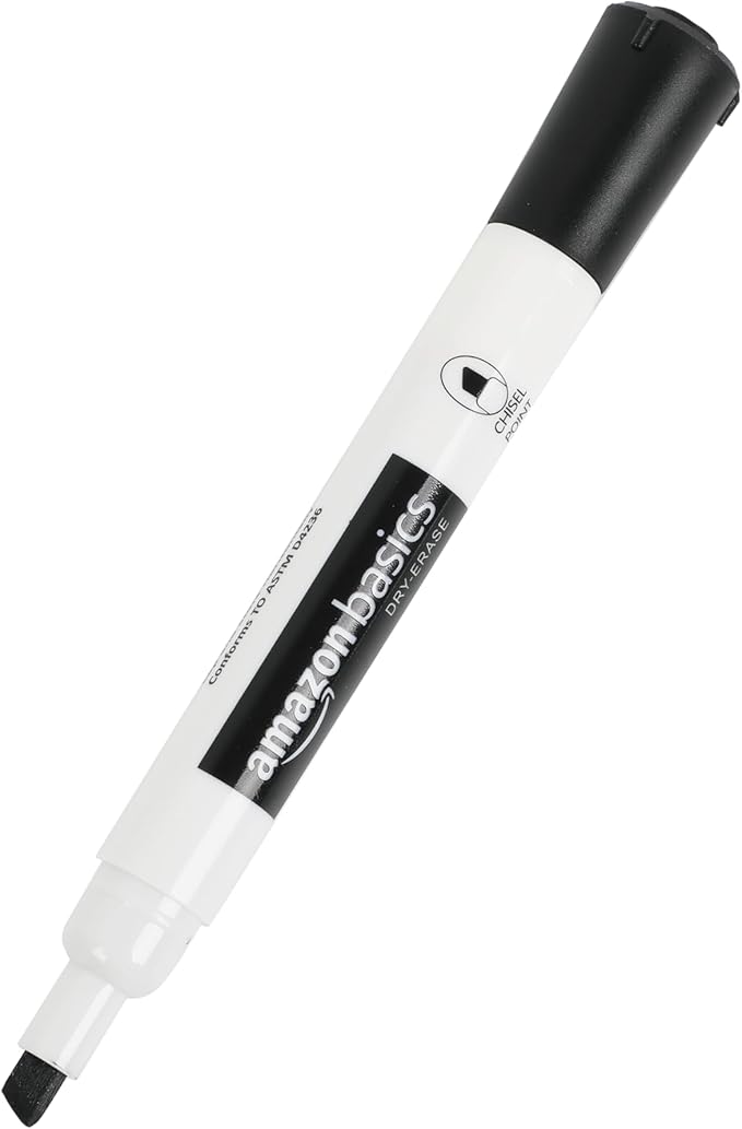 Amazon Basics Low-Odor Dry Erase Whiteboard Markers, Chisel Tip, Quick-Dry, Black, Red, Green, Blue, 4-Pack