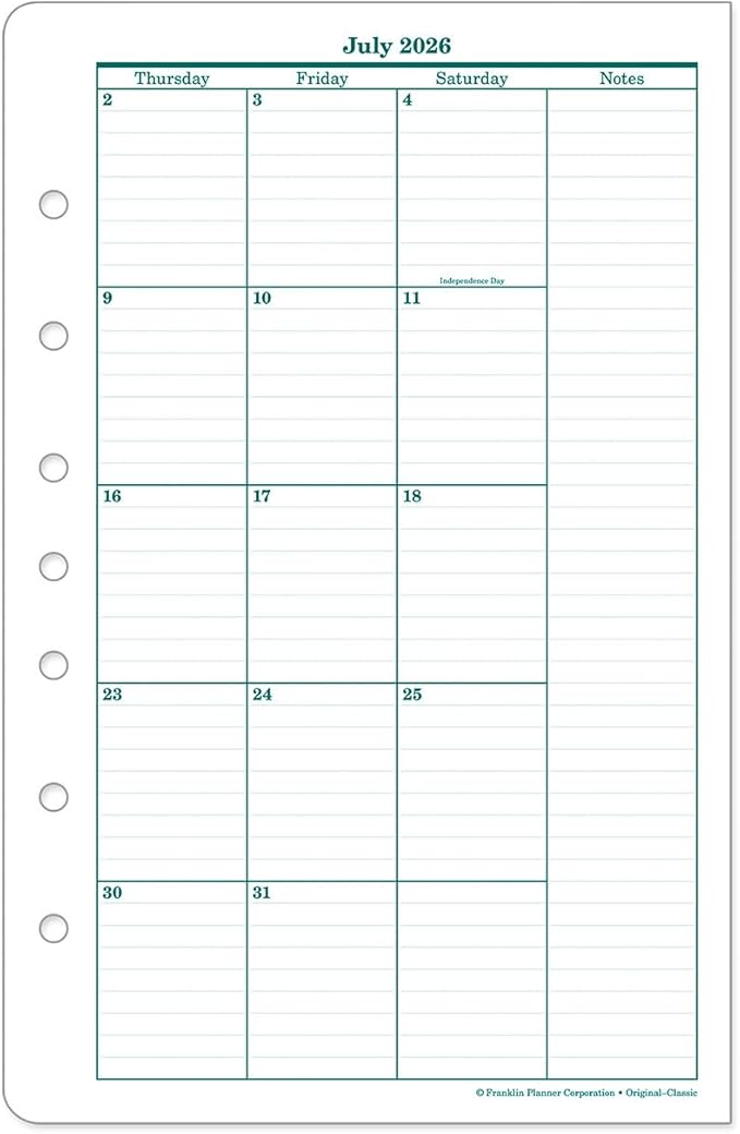 FranklinCovey - Original Ring-Bound Planner Refill - Two Page Per Month Calendar Tabs (Classic, Jul 2026 - Jun 2027)