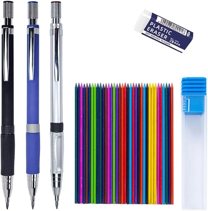 3PCS Mechanical Pencil Set 2.0mm 2B Refillable Auto Pencils Built-in Sharpener 1 Box (36 Color Leads) 1 Eraser Smooth Writing & Drawing Tools for Artists, Office & School Supplies Sketching Drawing