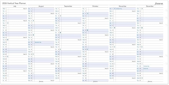 Filofax Calendar Diary Refill, A5 Size, Vertical Year Planner, White Paper, English, 2026 (C68501-26)