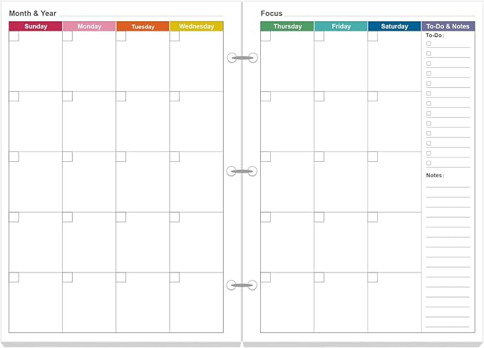 Half Letter Size Monthly Planner Refills for 3 Ring Mini Binders - 53 Sheets/106 Pages Undated Colorful Monthly Planner, 3-Hole Punched, 100 gsm White Paper, Lasts 2 Year, Undated, 5.8" x 8.3"